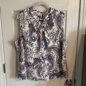 LOFT White Paisley Tie-Neck Sleeveless Camisole with Purple & Blue